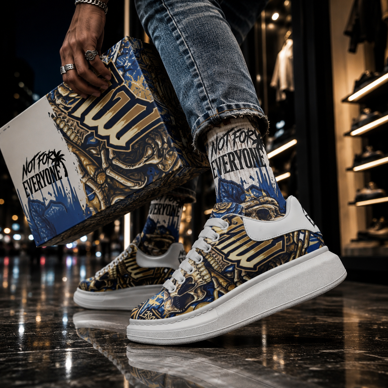 Custom platform sneakers by Millions Pending NFEO — built to order streetwear footwear for women and men. Chunky sole sneakers with fat laces, graffiti design. Not for Everyone. Built for the Few.