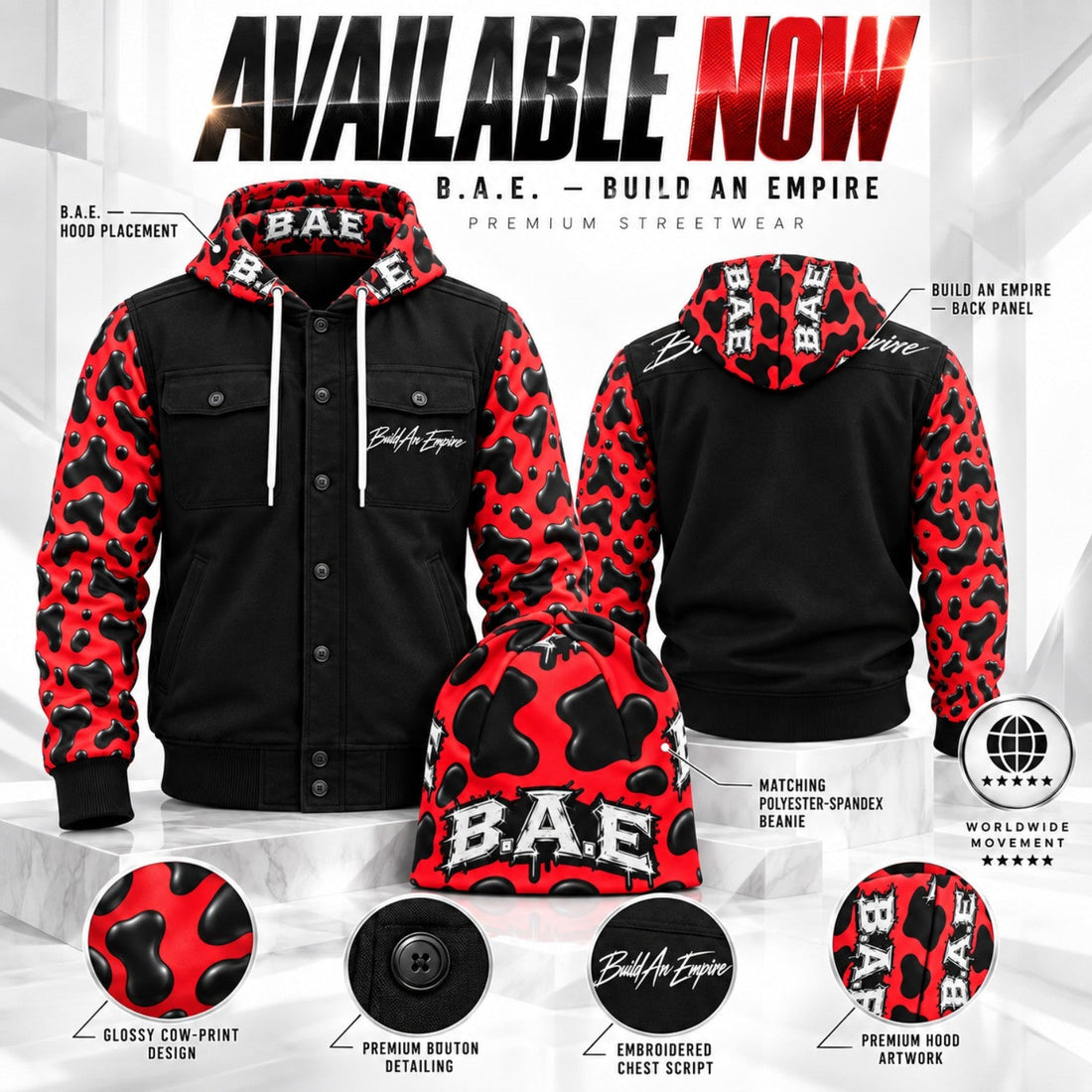 B.A.E. red and black entrepreneur streetwear hoodie and matching beanie available now