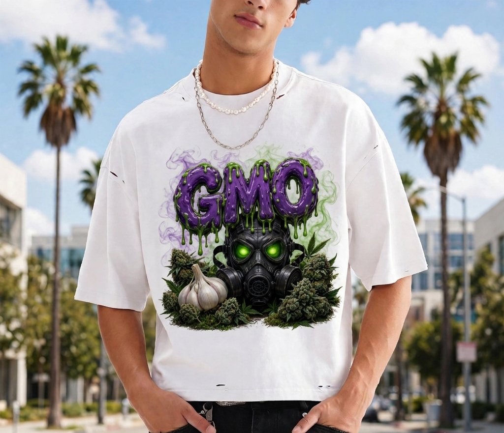 Male model: NFEO Zaza Reserve GMO Strain Graphic Tee — Exotic Cannabis Streetwear, Limited Drop 420 Apparel, Smoke Shop & Dispensary Fashion Built For The Few