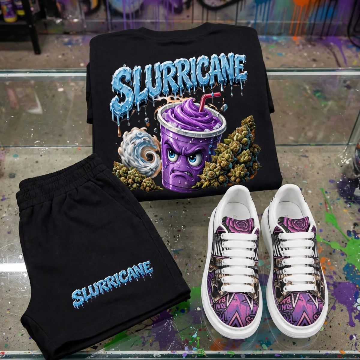 Slurricane cannabis strain streetwear set — graphic tee, athletic shorts and platform sneakers on dispensary glass display — NFEO Zaza Reserve strain-inspired streetwear collection