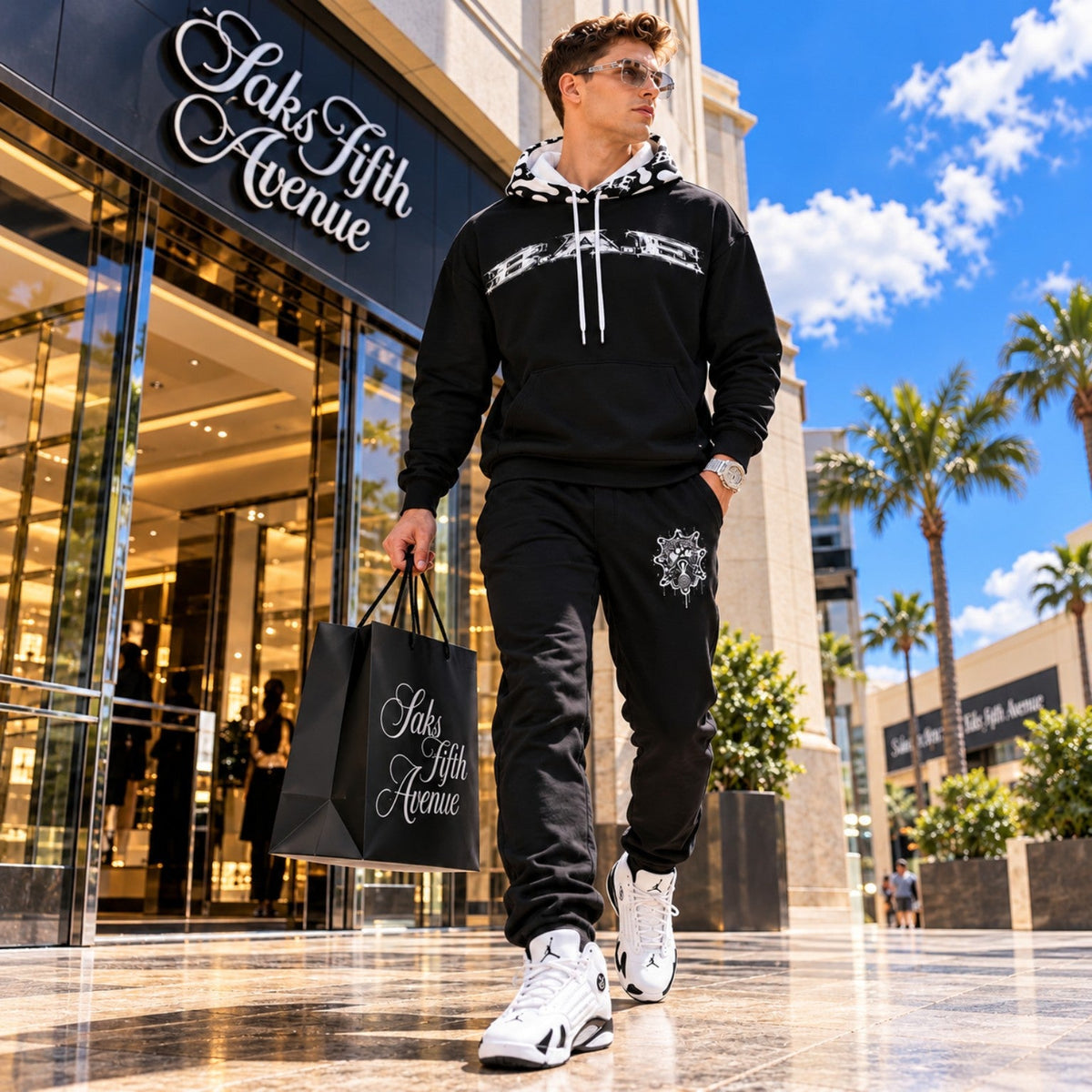 NFEO B.A.E. entrepreneur streetwear male model in black Build An Empire hoodie and joggers outside Saks Fifth Avenue