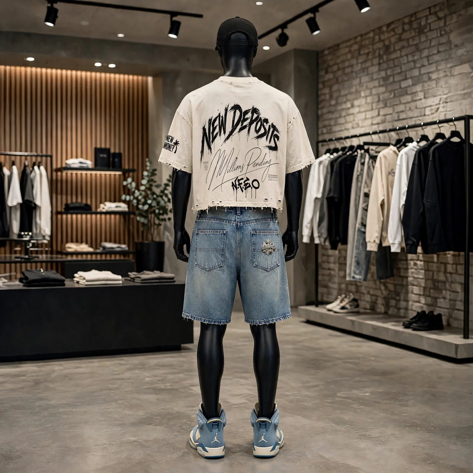 N.F.E.O New Deposits Millions Pending distressed cream cropped t-shirt back graphic, oversized streetwear tee with black graffiti font and signature script, luxury designer brand