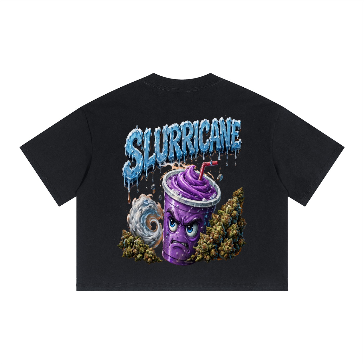 A black NFEO Cannabis Strain Inspired boxy drop shoulders short-sleeve Tee with a colorful graphic print on the front. The graphic features the word 'SLURRICANE' in dripping blue letters above a cartoon purple drink cup with a red straw, surrounded by green buds and a shell NFEO Inspired Cannabis Strain streetwear 