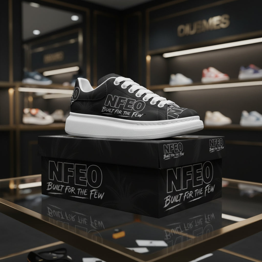Side/Hero Shot: NFEO X-Ray Colorway unisex platform chunky-sole sneakers — black on black ghost-print faux leather upper with NFEO Built for the Few branding, white fat laces, and bold white EVA platform sole. Limited edition stealth luxury streetwear sneakers. Made to order.