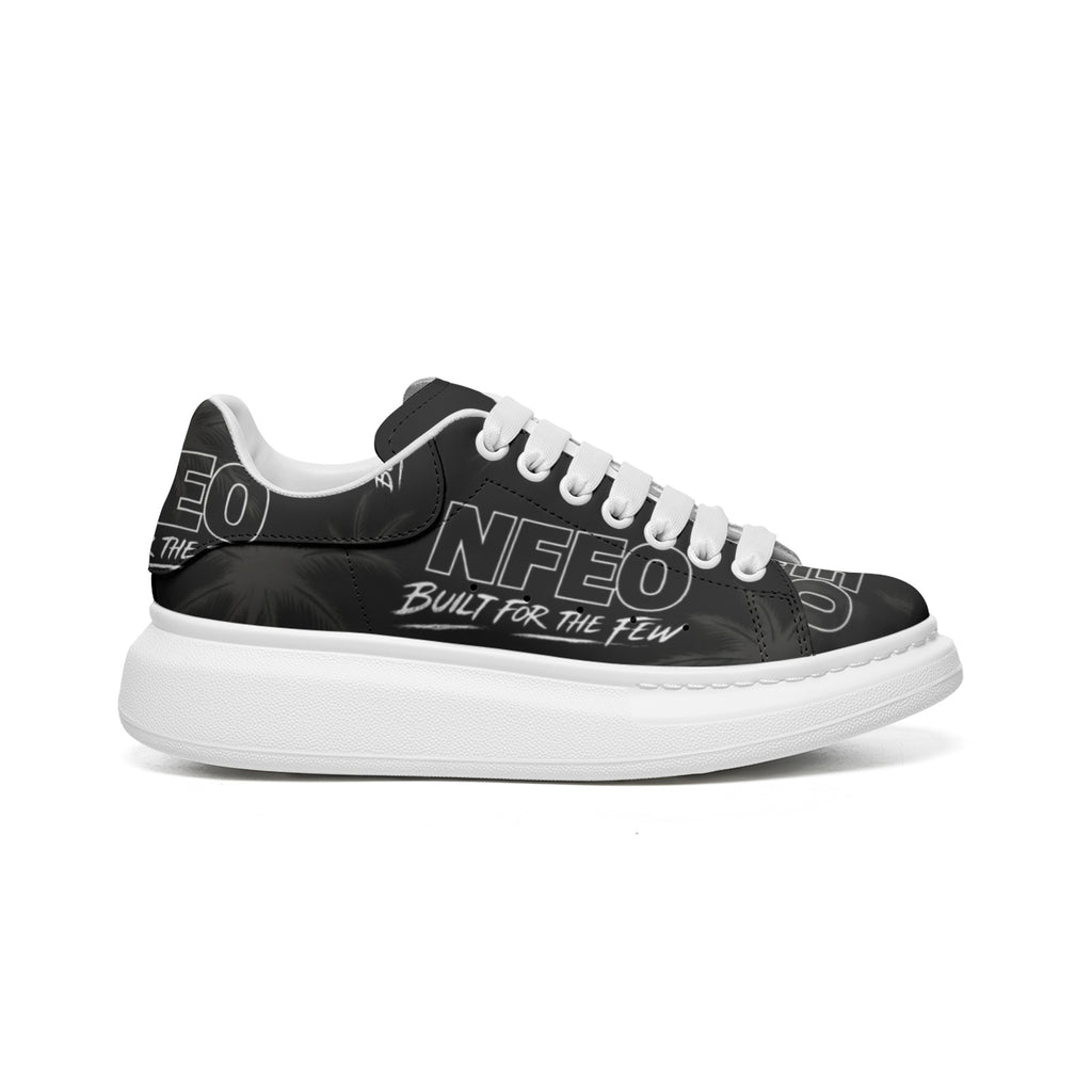 Side/Hero Shot: NFEO X-Ray Colorway unisex platform chunky-sole sneakers — black on black ghost-print faux leather upper with NFEO Built for the Few branding, white fat laces, and bold white EVA platform sole. Limited edition stealth luxury streetwear sneakers. Made to order.