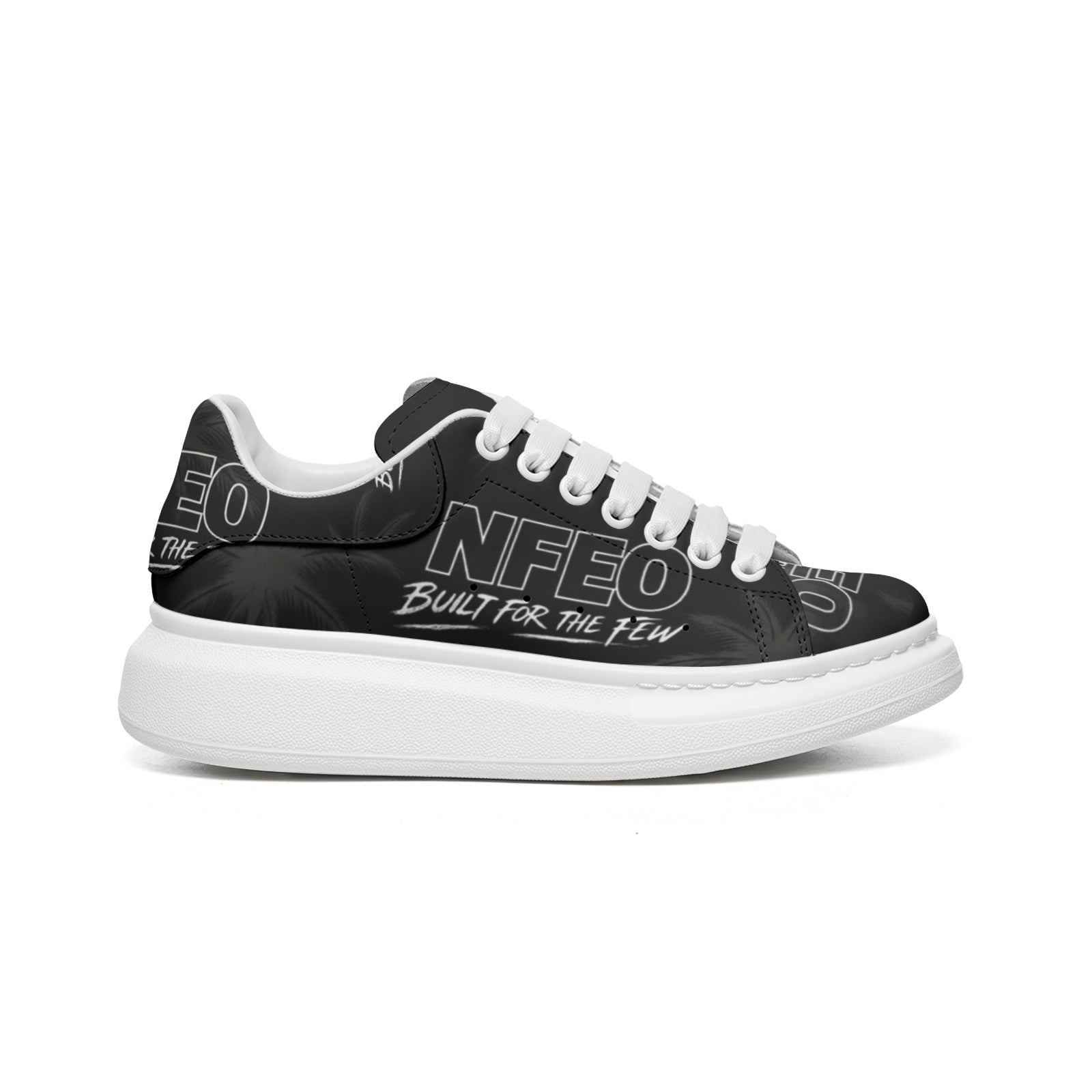 Side/Hero Shot: NFEO X-Ray Colorway unisex platform chunky-sole sneakers — black on black ghost-print faux leather upper with NFEO Built for the Few branding, white fat laces, and bold white EVA platform sole. Limited edition stealth luxury streetwear sneakers. Made to order.