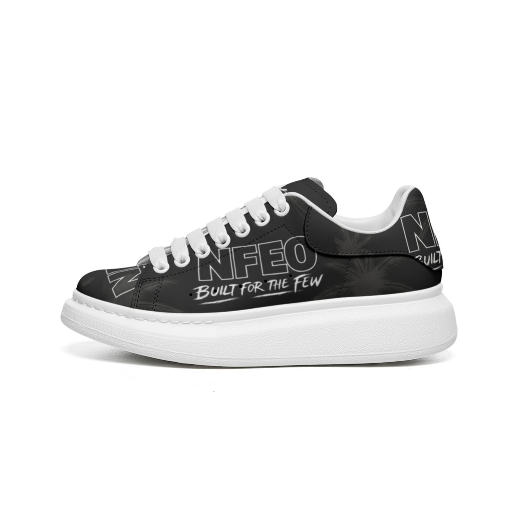 Side/Hero Shot: NFEO X-Ray Colorway unisex platform chunky-sole sneakers — black on black ghost-print faux leather upper with NFEO Built for the Few branding, white fat laces, and bold white EVA platform sole. Limited edition stealth luxury streetwear sneakers. Made to order.