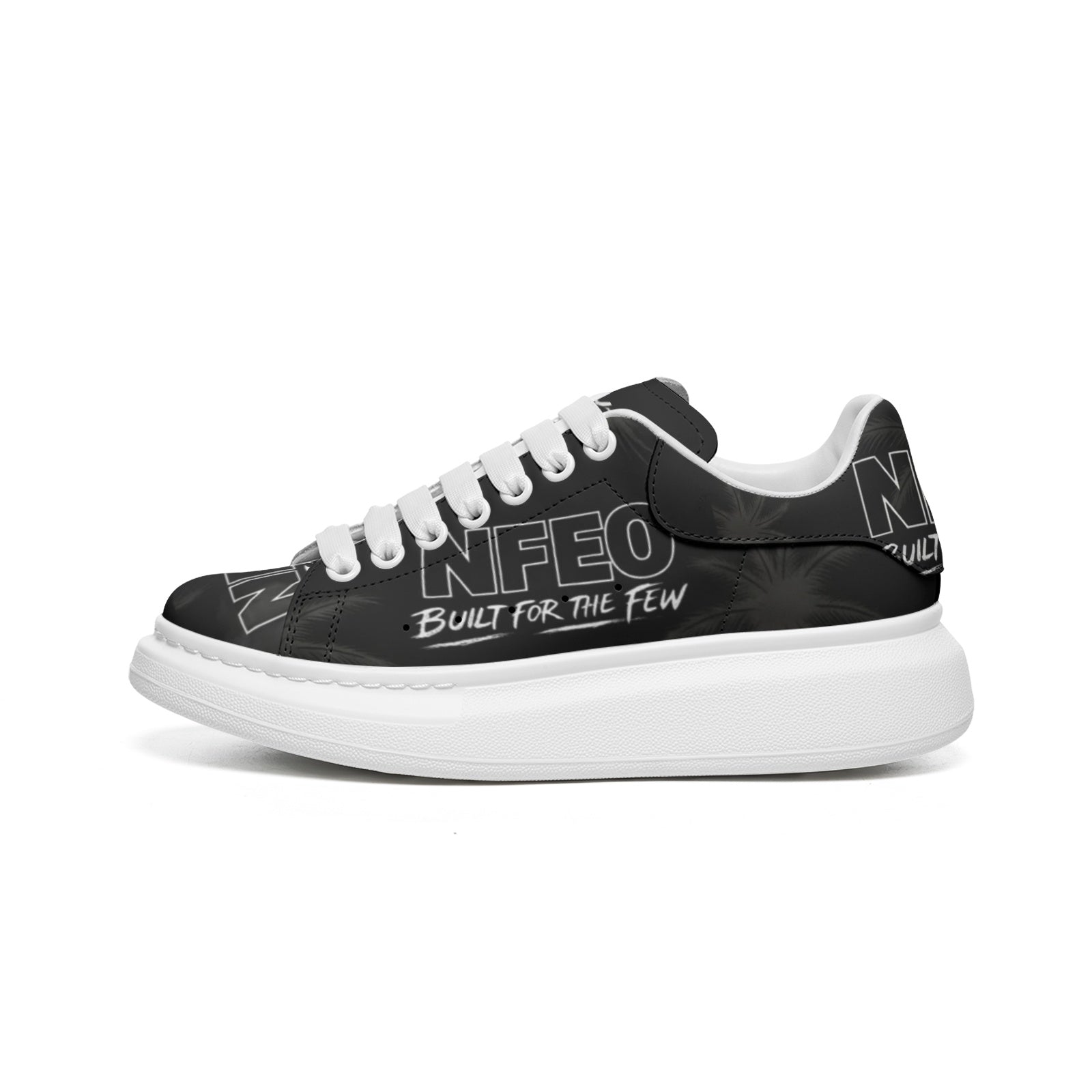 Side/Hero Shot: NFEO X-Ray Colorway unisex platform chunky-sole sneakers — black on black ghost-print faux leather upper with NFEO Built for the Few branding, white fat laces, and bold white EVA platform sole. Limited edition stealth luxury streetwear sneakers. Made to order.