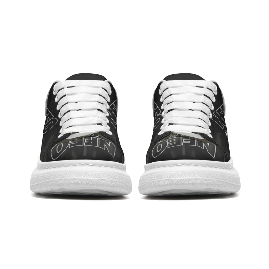 Front Side by side: Toe/Front Shot: Front view of NFEO X-Ray Colorway unisex chunky platform sneakers — ghost-print black on black NFEO logo on faux leather toe box, white fat laces, bold white platform sole. Premium limited edition streetwear sneakers built for the few.