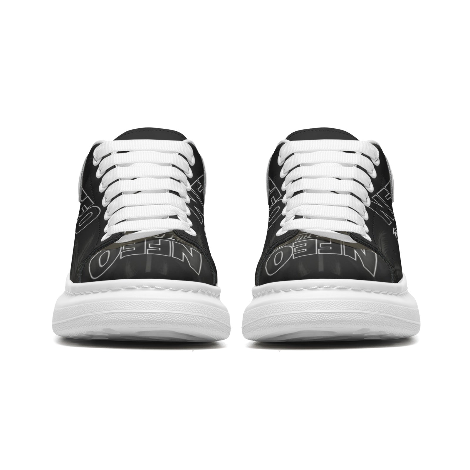 Front Side by side: Toe/Front Shot: Front view of NFEO X-Ray Colorway unisex chunky platform sneakers — ghost-print black on black NFEO logo on faux leather toe box, white fat laces, bold white platform sole. Premium limited edition streetwear sneakers built for the few.