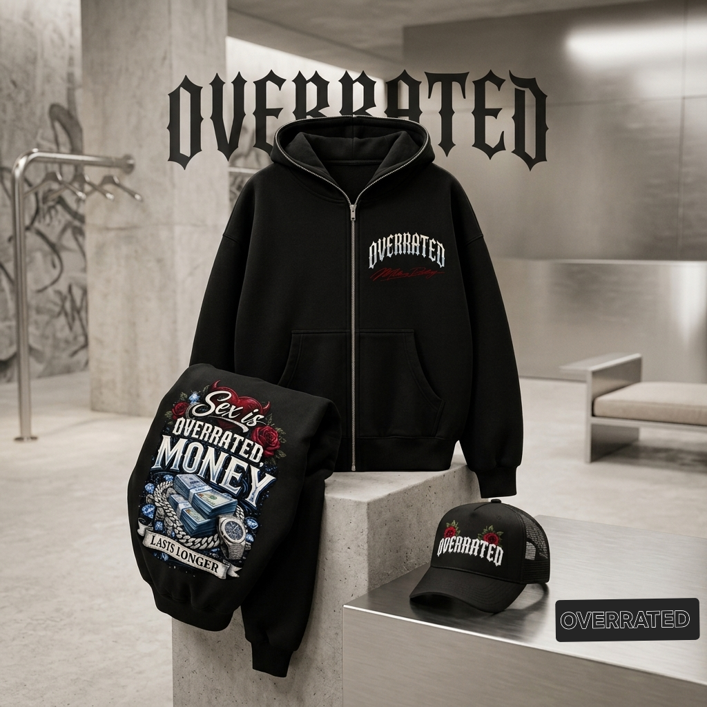 A black zip-up hoodie, black graphic sweatshirt, and black trucker cap from the brand OVERRATED, displayed on a modern concrete pedestal in a minimalist industrial room.