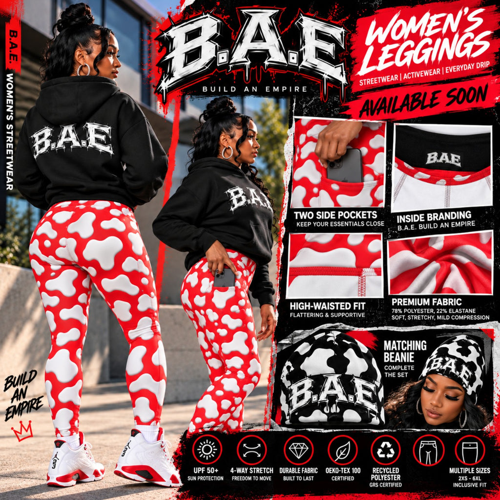 B.A.E. women's red and white cow print leggings with pockets, high-waisted streetwear product