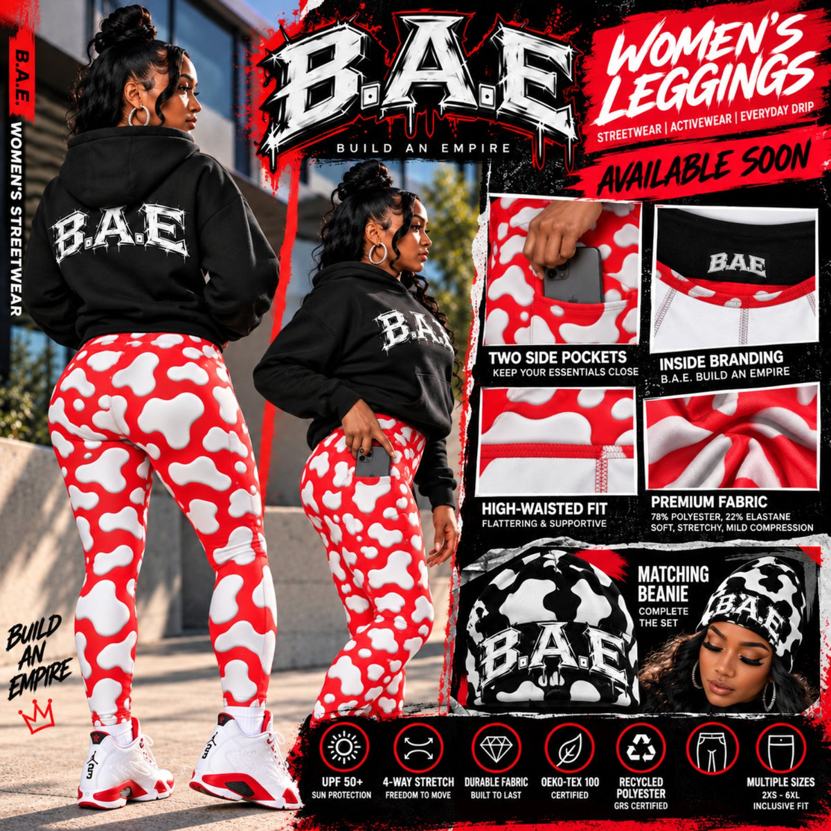 B.A.E. women's red and white cow print leggings with pockets, high-waisted streetwear product