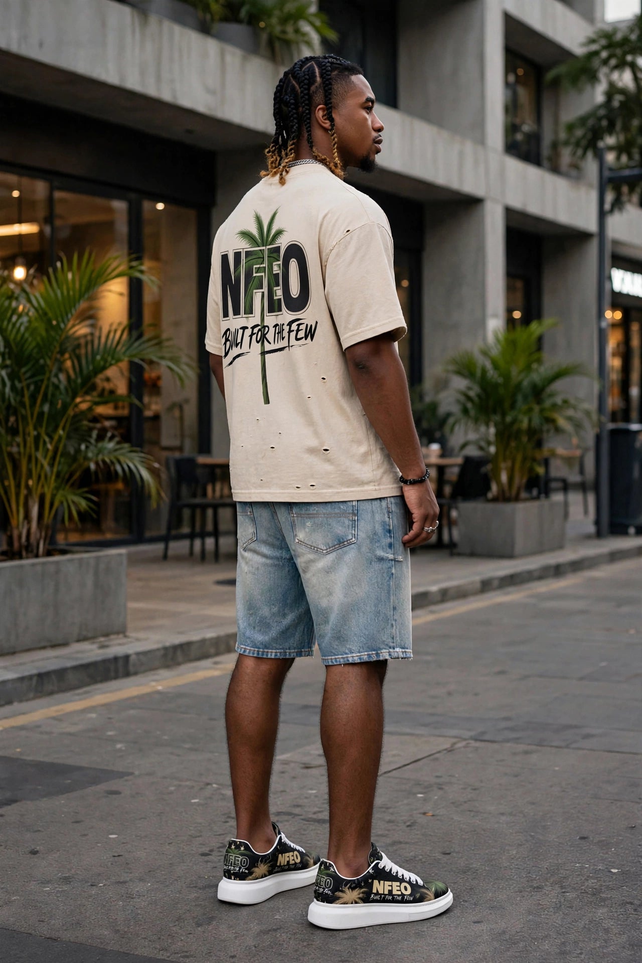 Male model displaying NFEO shorts with Complete Look.
Luxury NFEO designer collection featuring a boxy, distressed premium tee and tailored vintage-denim shorts. High-end menswear streetwear set with signature International Palms Vibes graphic motifs and precision-stitched detailing. Modeled outfit showcases elevated urban style, durability, and bold branding. Designed for the few who lead; the ultimate foundation piece for the ambitious entrepreneur’s curated wardrobe. Built For The Few.
