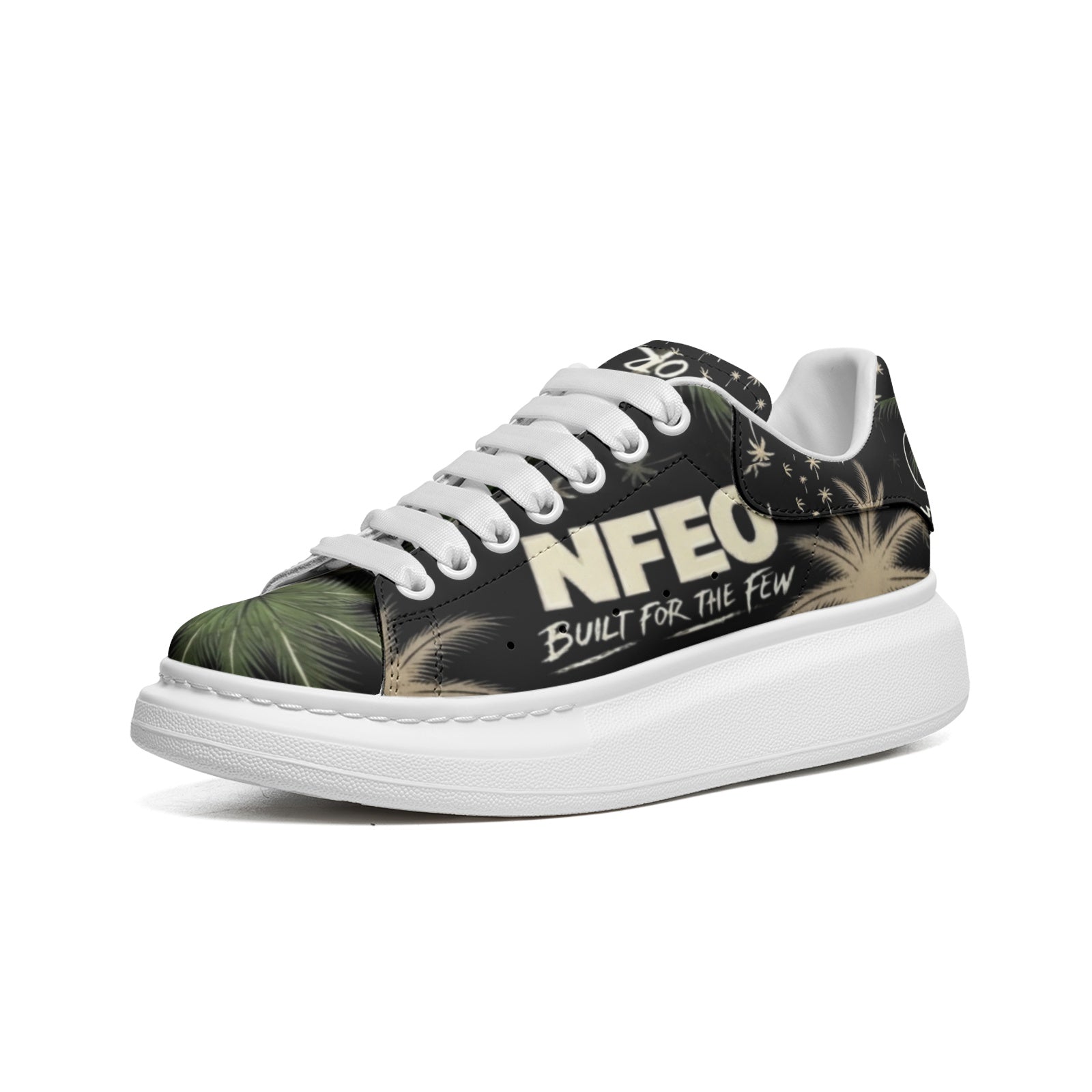 NFEO Built For The Few luxury platform designer sneakers featuring a signature chunky white sole and distinctive palm tree aesthetic. These premium streetwear shoes offer a modern, high-fashion urban silhouette designed for style and comfort. Perfect for trend-setting outfits, these exclusive unisex platform sneakers are the ultimate statement piece for collectors and streetwear enthusiasts looking for high-quality, authentic designer footwear that stands out in any urban setting.