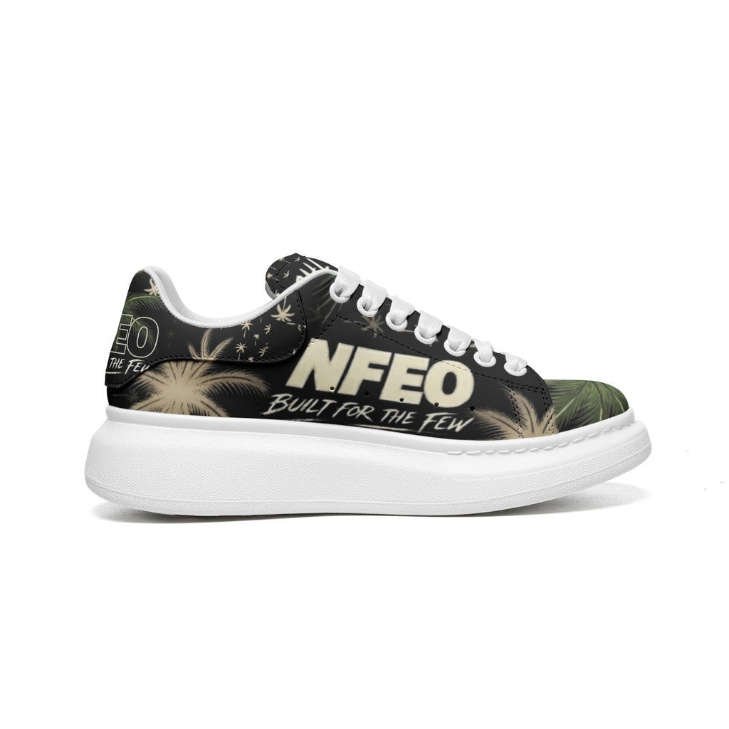 Side view: NFEO Built For The Few luxury platform designer sneakers featuring a signature chunky white sole and distinctive palm tree aesthetic. These premium streetwear shoes offer a modern, high-fashion urban silhouette designed for style and comfort. Perfect for trend-setting outfits, these exclusive unisex platform sneakers are the ultimate statement piece for collectors and streetwear enthusiasts looking for high-quality, authentic designer footwear that stands out in any urban setting.