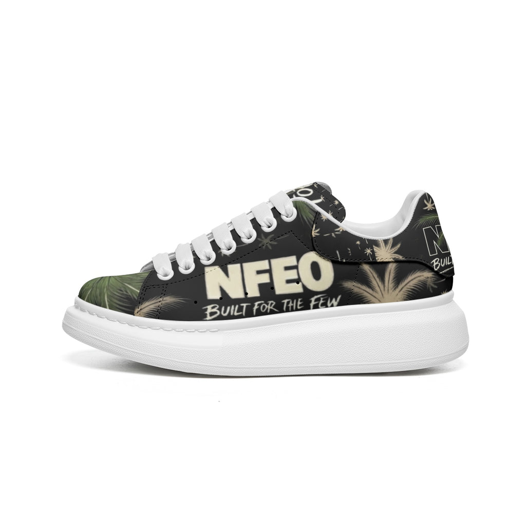 Left side view: NFEO Built For The Few luxury platform designer sneakers featuring a signature chunky white sole and distinctive palm tree aesthetic. These premium streetwear shoes offer a modern, high-fashion urban silhouette designed for style and comfort. Perfect for trend-setting outfits, these exclusive unisex platform sneakers are the ultimate statement piece for collectors and streetwear enthusiasts looking for high-quality, authentic designer footwear that stands out in any urban setting.