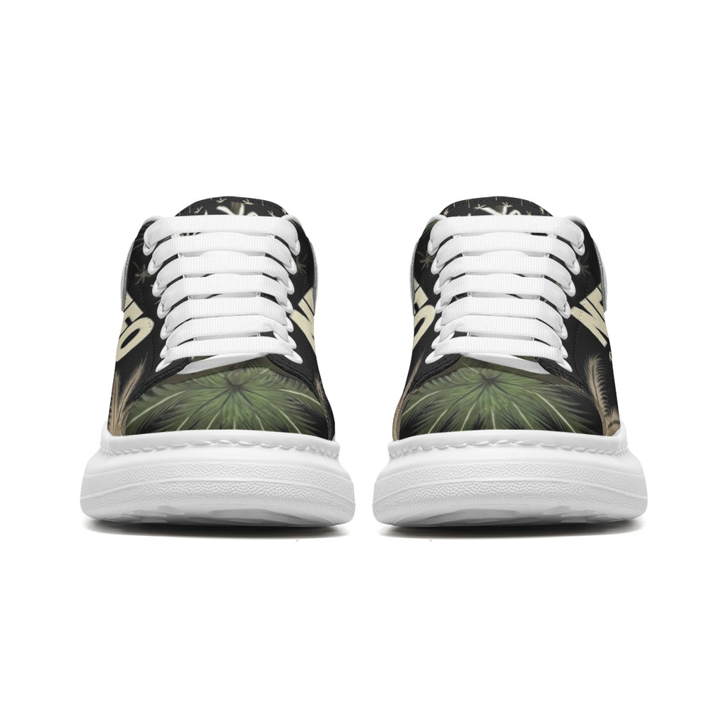 Front side by side View: NFEO Built For The Few luxury platform designer sneakers featuring a signature chunky white sole and distinctive palm tree aesthetic. These premium streetwear shoes offer a modern, high-fashion urban silhouette designed for style and comfort. Perfect for trend-setting outfits, these exclusive unisex platform sneakers are the ultimate statement piece for collectors and streetwear enthusiasts looking for high-quality, authentic designer footwear that stands out in any urban setting.