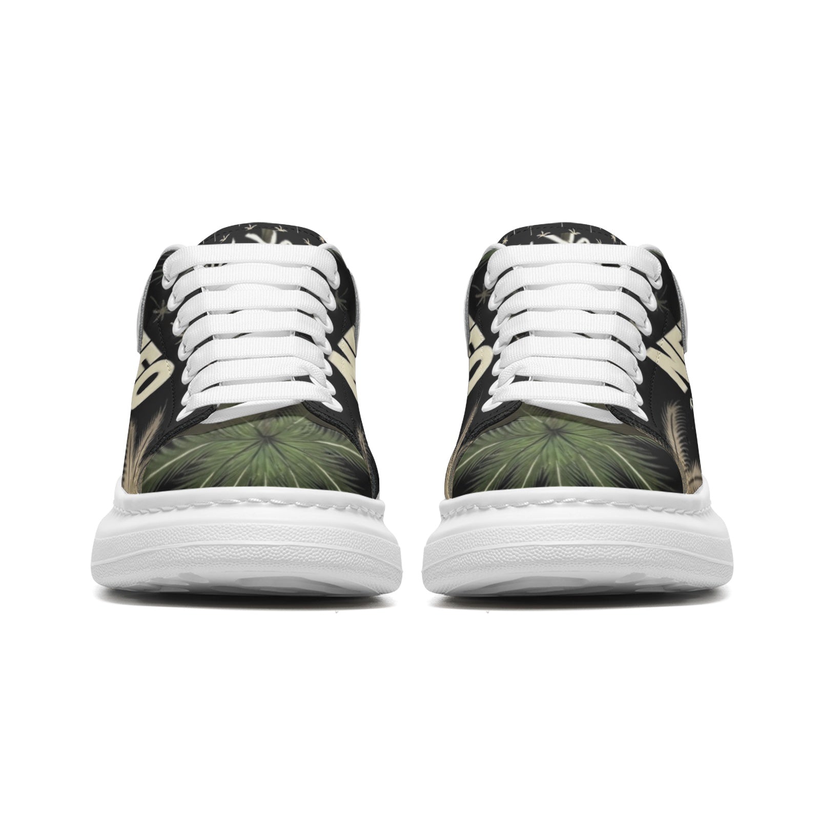 Front side by side View: NFEO Built For The Few luxury platform designer sneakers featuring a signature chunky white sole and distinctive palm tree aesthetic. These premium streetwear shoes offer a modern, high-fashion urban silhouette designed for style and comfort. Perfect for trend-setting outfits, these exclusive unisex platform sneakers are the ultimate statement piece for collectors and streetwear enthusiasts looking for high-quality, authentic designer footwear that stands out in any urban setting.