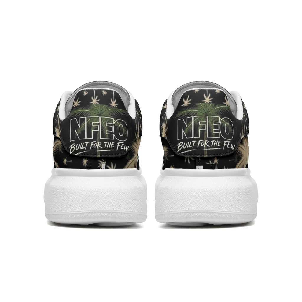 Back view: NFEO Built For The Few luxury platform designer sneakers featuring a signature chunky white sole and distinctive palm tree aesthetic. These premium streetwear shoes offer a modern, high-fashion urban silhouette designed for style and comfort. Perfect for trend-setting outfits, these exclusive unisex platform sneakers are the ultimate statement piece for collectors and streetwear enthusiasts looking for high-quality, authentic designer footwear that stands out in any urban setting.