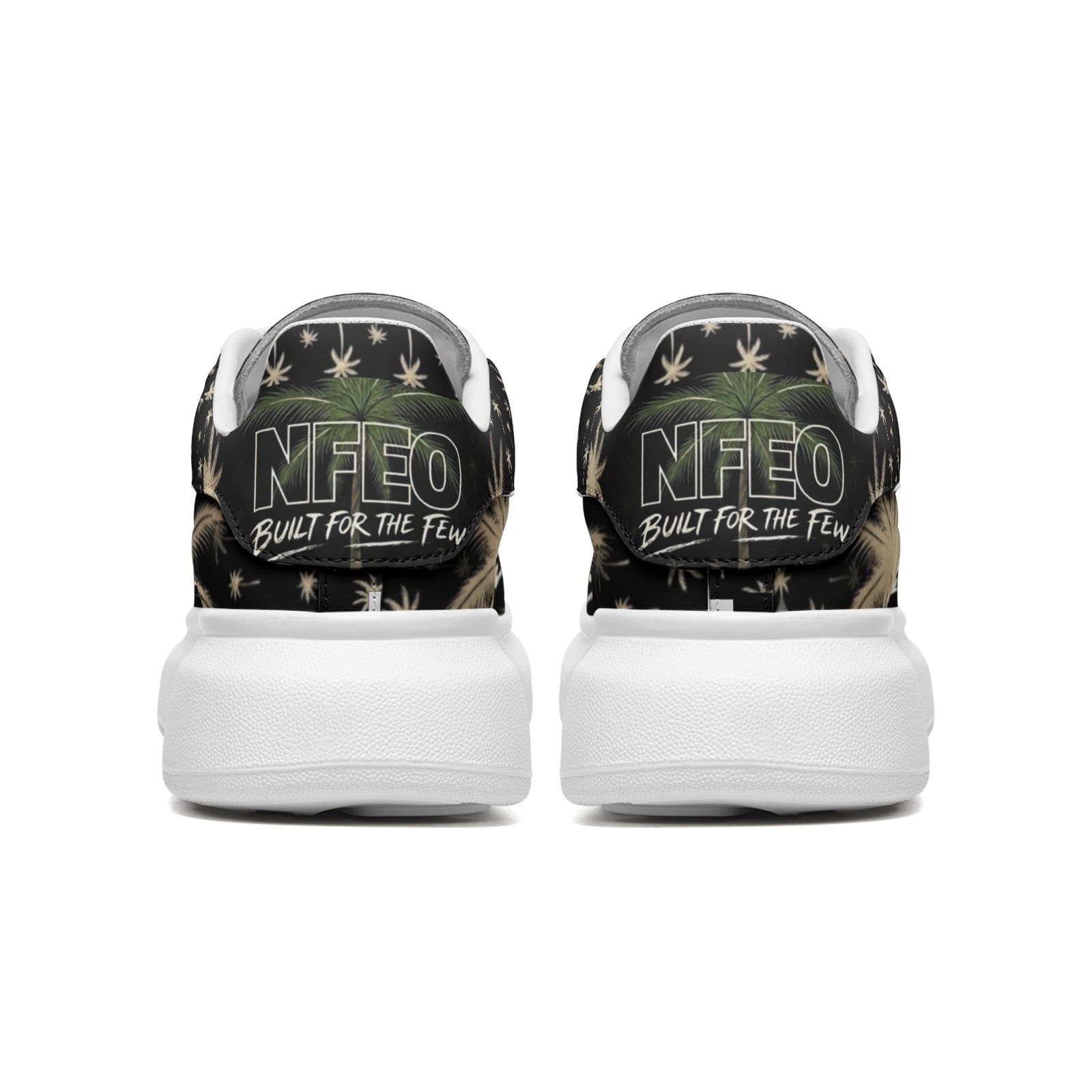 Back view: NFEO Built For The Few luxury platform designer sneakers featuring a signature chunky white sole and distinctive palm tree aesthetic. These premium streetwear shoes offer a modern, high-fashion urban silhouette designed for style and comfort. Perfect for trend-setting outfits, these exclusive unisex platform sneakers are the ultimate statement piece for collectors and streetwear enthusiasts looking for high-quality, authentic designer footwear that stands out in any urban setting.