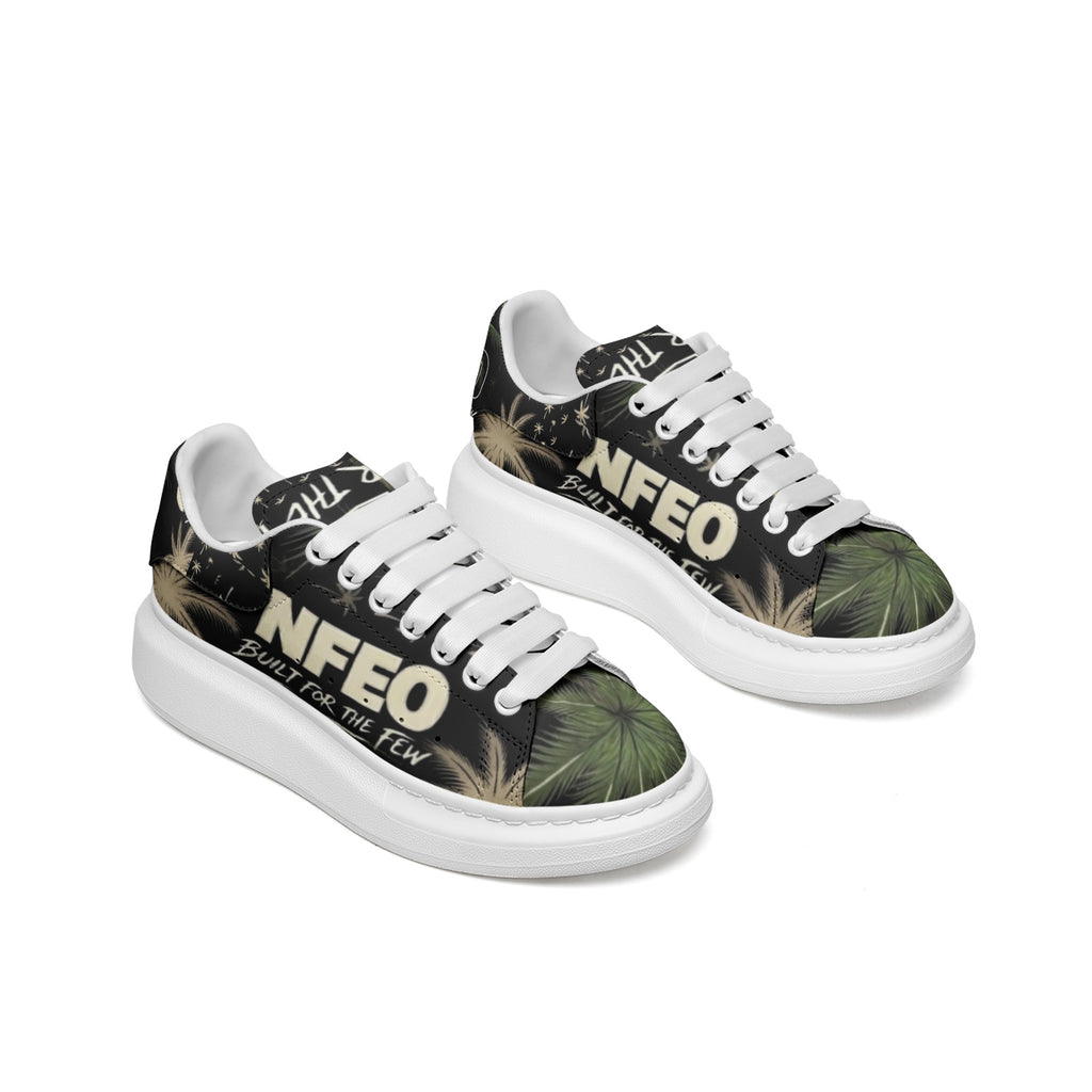 Side view side by side: NFEO Built For The Few luxury platform designer sneakers featuring a signature chunky white sole and distinctive palm tree aesthetic. These premium streetwear shoes offer a modern, high-fashion urban silhouette designed for style and comfort. Perfect for trend-setting outfits, these exclusive unisex platform sneakers are the ultimate statement piece for collectors and streetwear enthusiasts looking for high-quality, authentic designer footwear that stands out in any urban setting.