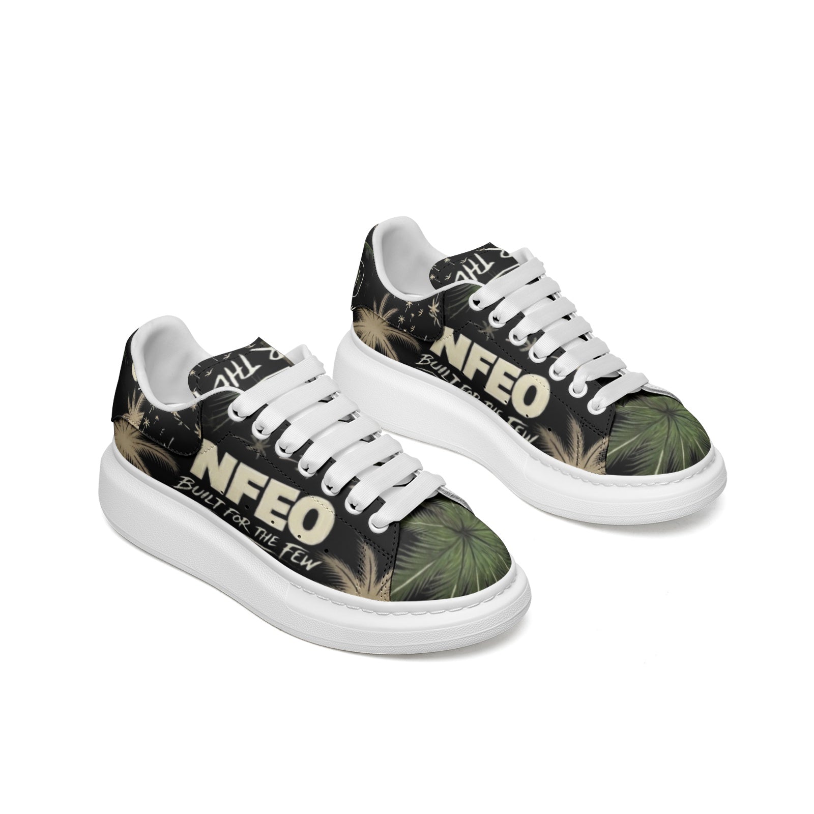 Side view side by side: NFEO Built For The Few luxury platform designer sneakers featuring a signature chunky white sole and distinctive palm tree aesthetic. These premium streetwear shoes offer a modern, high-fashion urban silhouette designed for style and comfort. Perfect for trend-setting outfits, these exclusive unisex platform sneakers are the ultimate statement piece for collectors and streetwear enthusiasts looking for high-quality, authentic designer footwear that stands out in any urban setting.