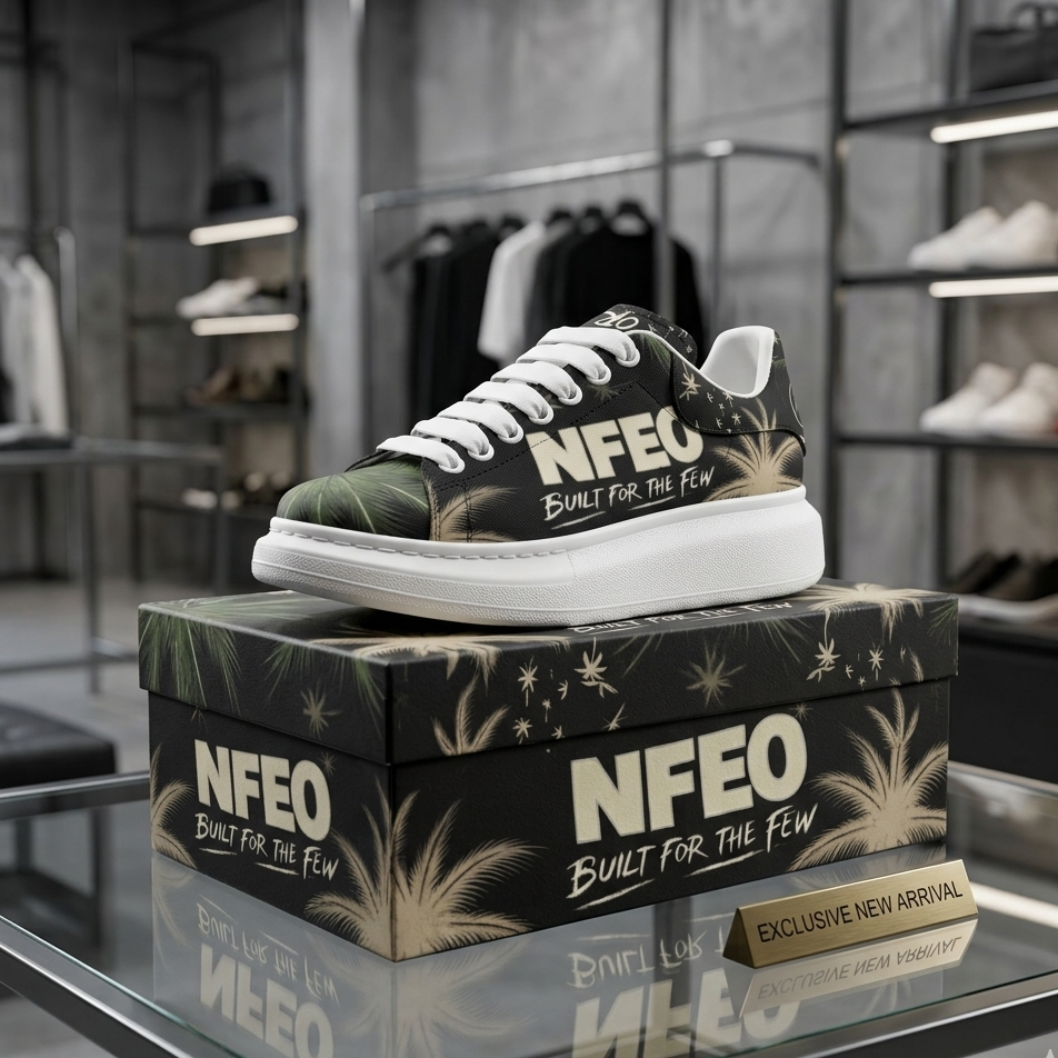 Side view in store NFEO Built For The Few luxury platform designer sneakers featuring a signature chunky white sole and distinctive palm tree aesthetic. These premium streetwear shoes offer a modern, high-fashion urban silhouette designed for style and comfort. Perfect for trend-setting outfits, these exclusive unisex platform sneakers are the ultimate statement piece for collectors and streetwear enthusiasts looking for high-quality, authentic designer footwear that stands out in any urban setting.