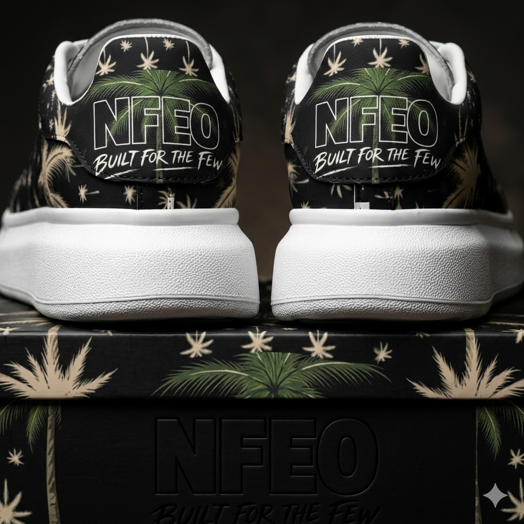 Back Heel shoe box view NFEO Built For The Few luxury platform designer sneakers featuring a signature chunky white sole and distinctive palm tree aesthetic. These premium streetwear shoes offer a modern, high-fashion urban silhouette designed for style and comfort. Perfect for trend-setting outfits, these exclusive unisex platform sneakers are the ultimate statement piece for collectors and streetwear enthusiasts looking for high-quality, authentic designer footwear that stands out in any urban setting.