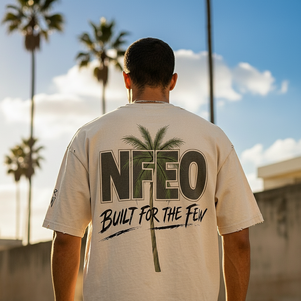 Back view of: NFEO Built For The Few signature streetwear ensemble featuring exclusive platform designer sneakers and raw, distressed apparel. This high-end urban look showcases signature branding, embodying the resilience of the entrepreneurial grind. Engineered for a luxury fit, this statement collection is crafted for visionaries who set the standard. Premium streetwear essentials designed for those who demand individuality, quality, and a distinct aesthetic in their daily rotation."