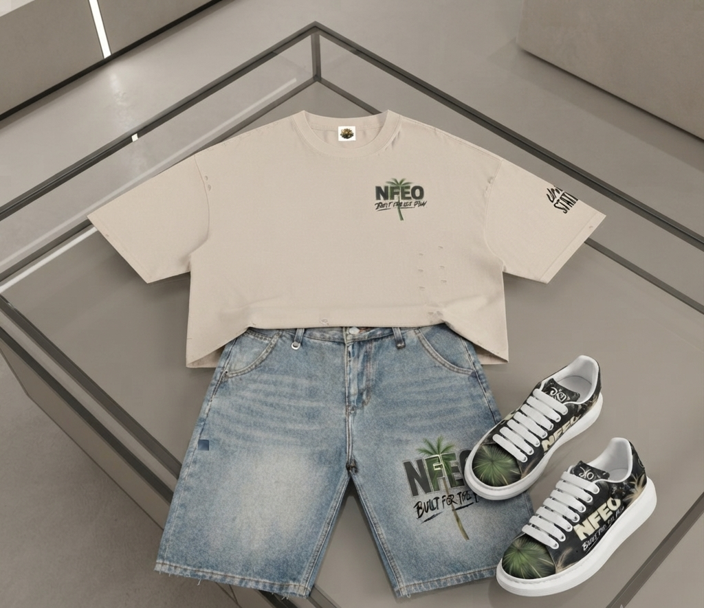 Full Collection Look display:
NFEO Vintage Foundation Denim Shorts featuring signature palm tree graphic and embroidered branding. Designed in a wide-fit, loose silhouette from premium 360 GSM heavyweight vintage-wash denim. High-end streetwear apparel with straight hem and mid-rise waist, styled with boxy distressed logo tee and designer low-top sneakers. Luxury summer foundation piece for the modern entrepreneur. Built For The Few.