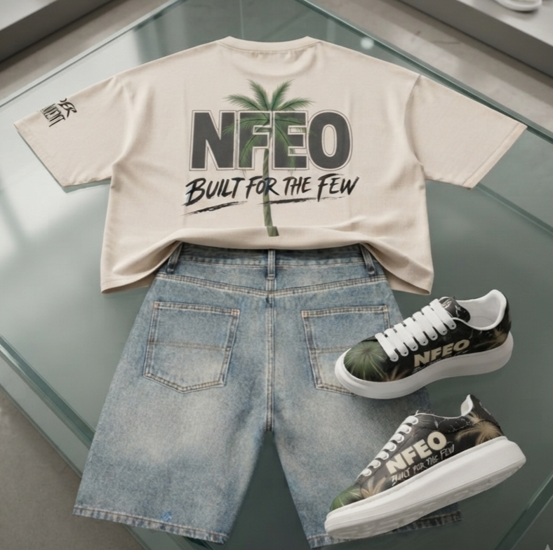 Full NFEO Collection BACK View display:
NFEO Vintage Foundation Denim Shorts featuring signature palm tree graphic and embroidered branding. 

Designed in a wide-fit, loose silhouette from premium 360 GSM heavyweight vintage-wash denim. High-end streetwear apparel with straight hem and mid-rise waist, styled with boxy distressed logo tee and designer low-top sneakers. 

Luxury summer foundation piece for the modern entrepreneur. 
Built For The Few.