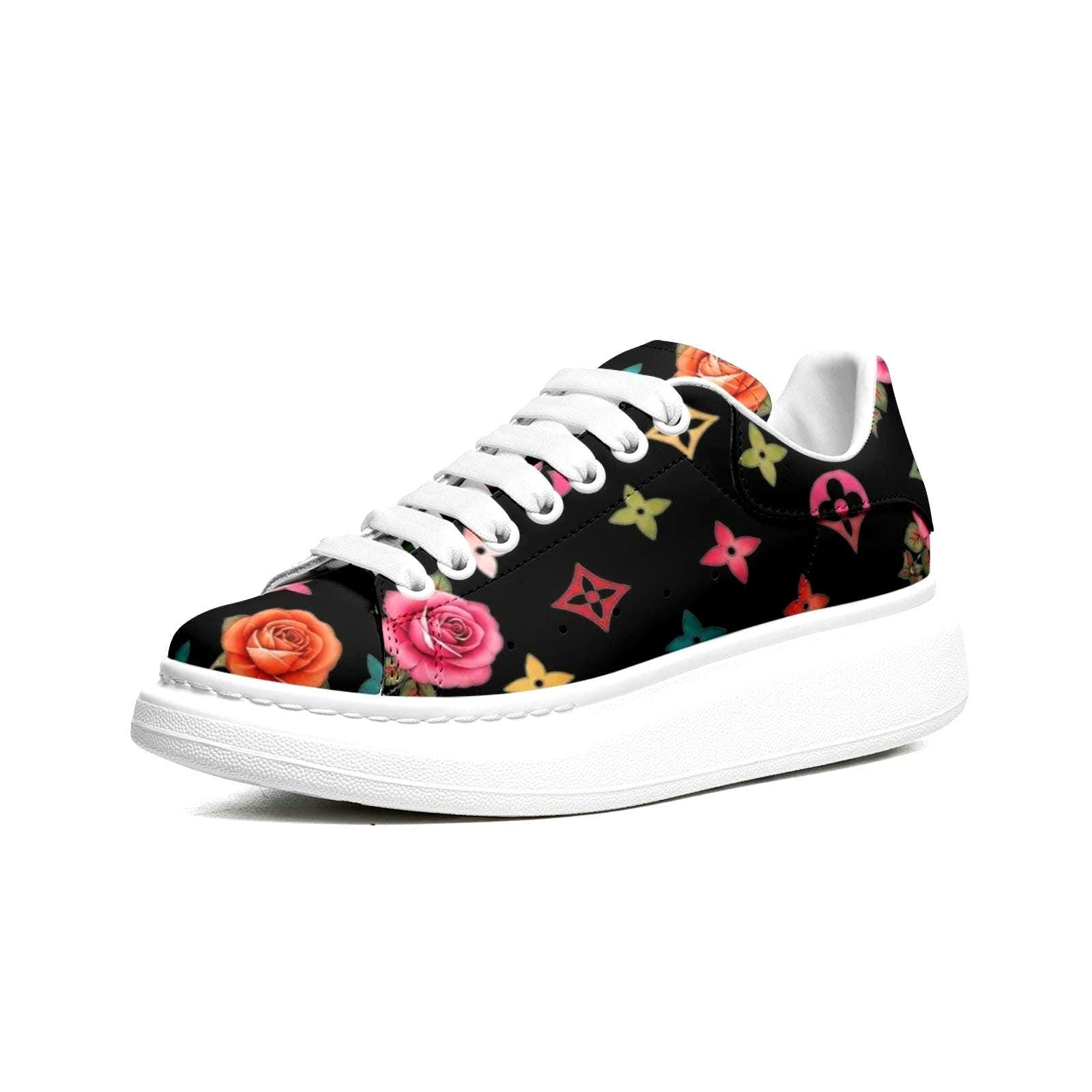 Custom Platform Sneakers Black Floral Shoes For Women Personalized Summer Gifts For Her Footwear