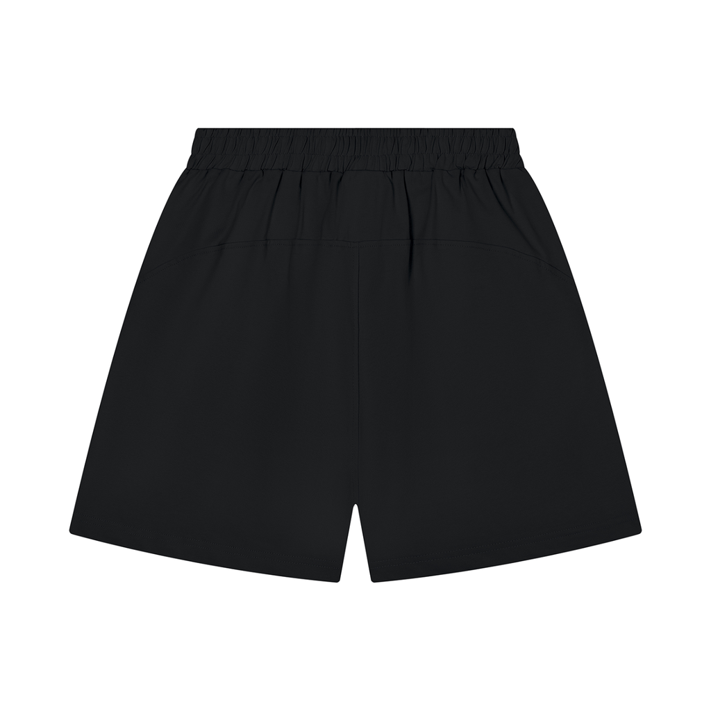 Black athletic shorts with an elastic waistband, shown flat against a solid white background.