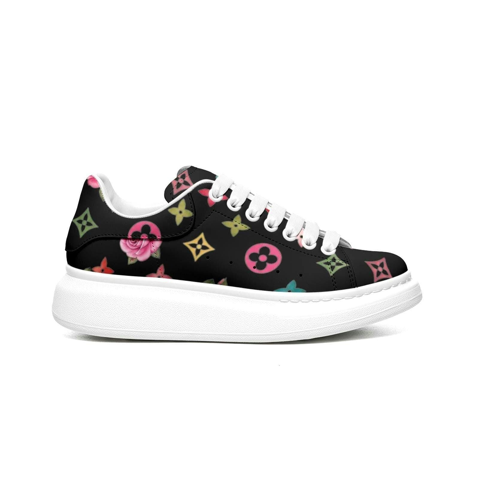 Custom Platform Sneakers Black Floral Shoes For Women Personalized Summer Gifts For Her Footwear