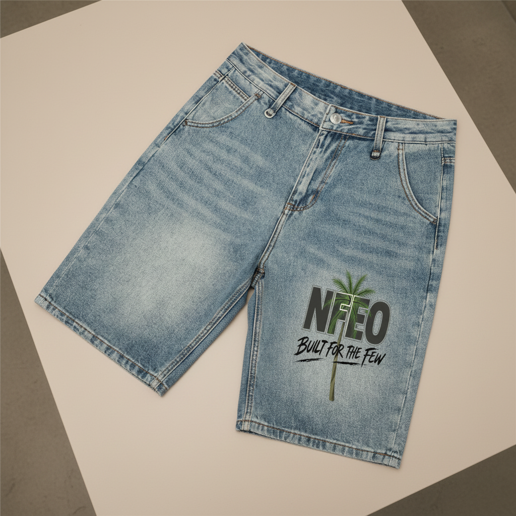 Light blue denim shorts with a distressed wash and a green and black graphic on the left leg that reads 'NFEO BUILT FOR THE FEW' with a palm tree design, shown on a plain white background.