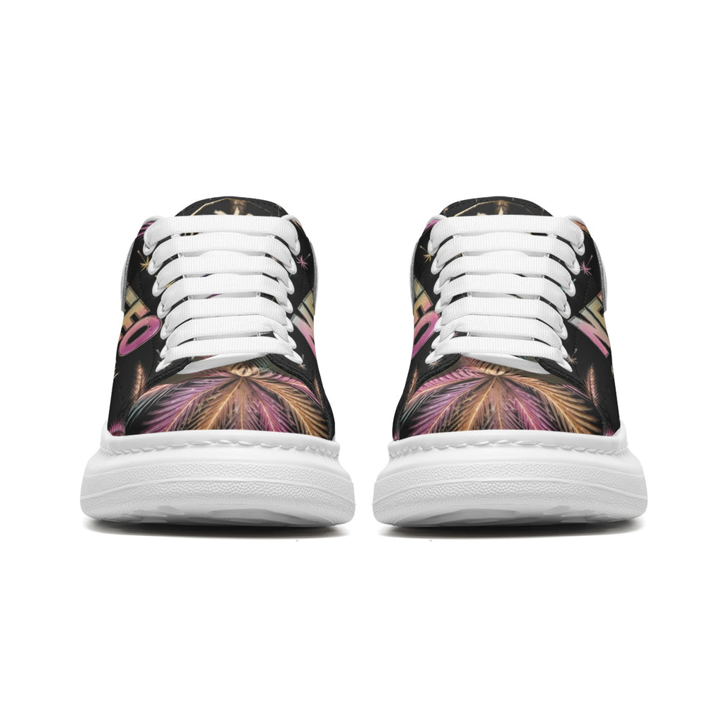 Front toe paired view: Black "Miami Nights" Platform sneaker with multicolor design and 'NFEO' branding on a matching box, with Sneaker shelves in the background. Built for Entrepreneurs vacations & Miami Nights