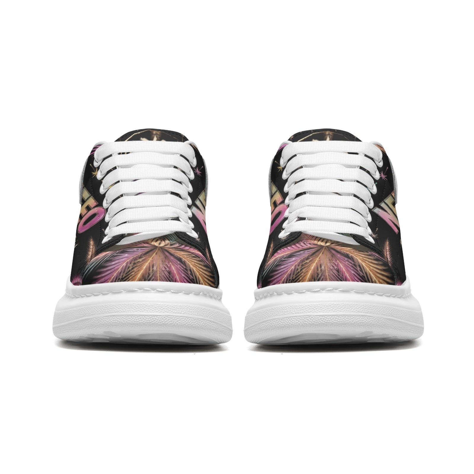 Front toe paired view: Black "Miami Nights" Platform sneaker with multicolor design and 'NFEO' branding on a matching box, with Sneaker shelves in the background. Built for Entrepreneurs vacations & Miami Nights