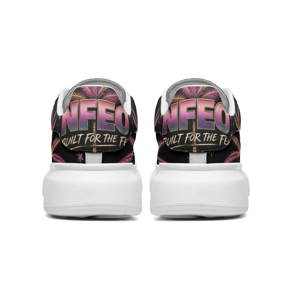 Back heel view: Black "Miami Nights" Platform sneaker with multicolor design and 'NFEO' branding on a matching box, with Sneaker shelves in the background. Built for Entrepreneurs vacations & Miami Nights