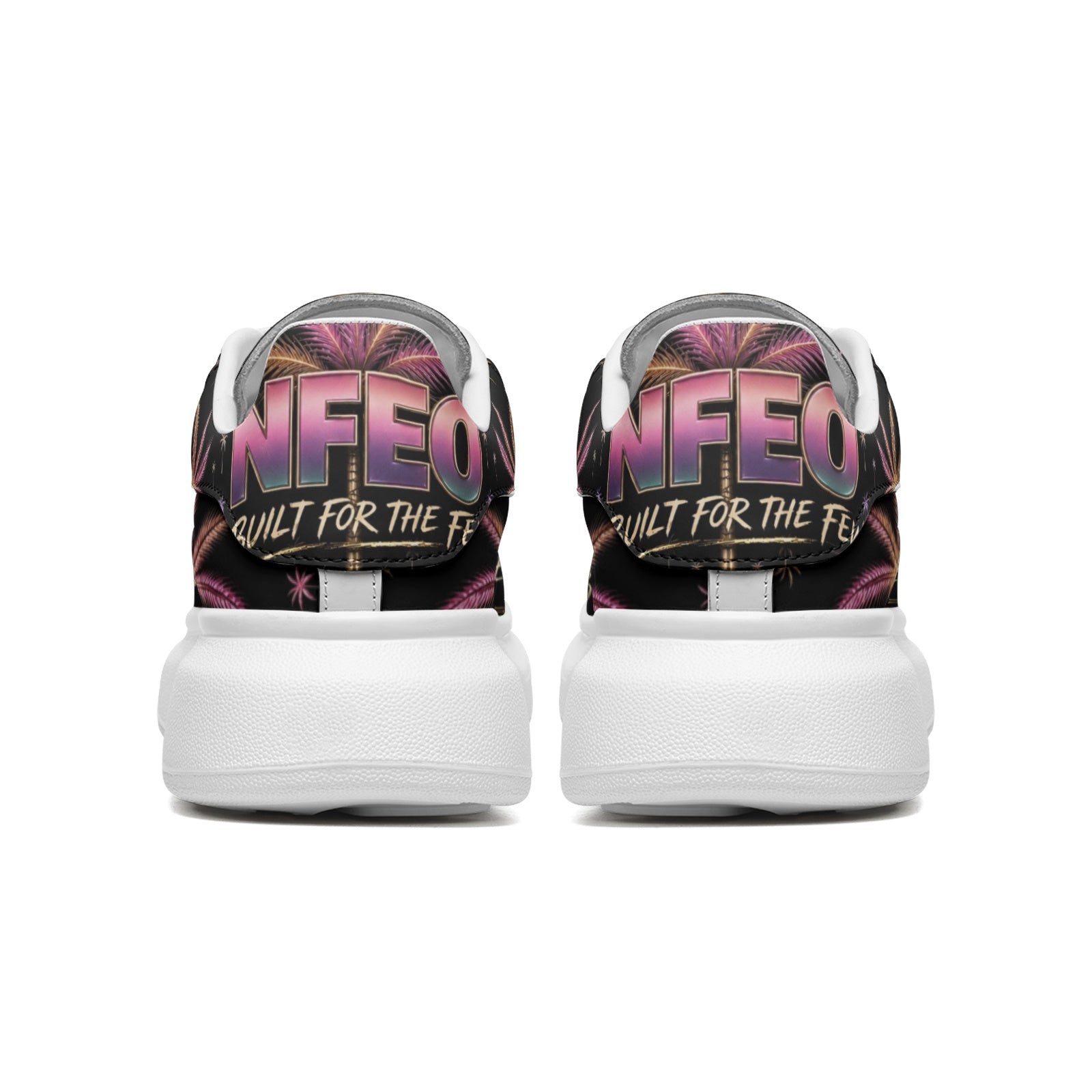 Back heel view: Black "Miami Nights" Platform sneaker with multicolor design and 'NFEO' branding on a matching box, with Sneaker shelves in the background. Built for Entrepreneurs vacations & Miami Nights