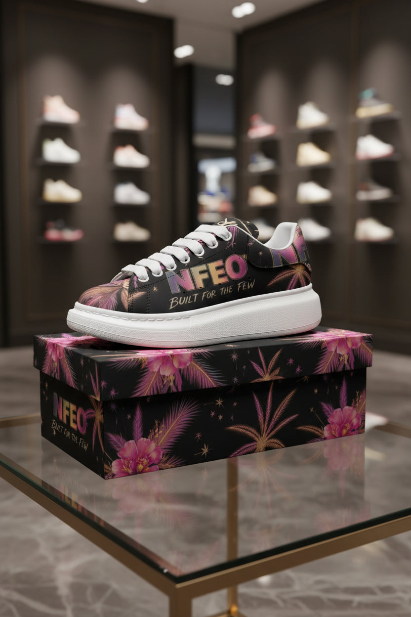 Hero Side view: Black "Miami Nights" Platform sneaker with multicolor design and 'NFEO' branding on a matching box, with Sneaker shelves in the background. Built for Entrepreneurs vacations & Miami Nights