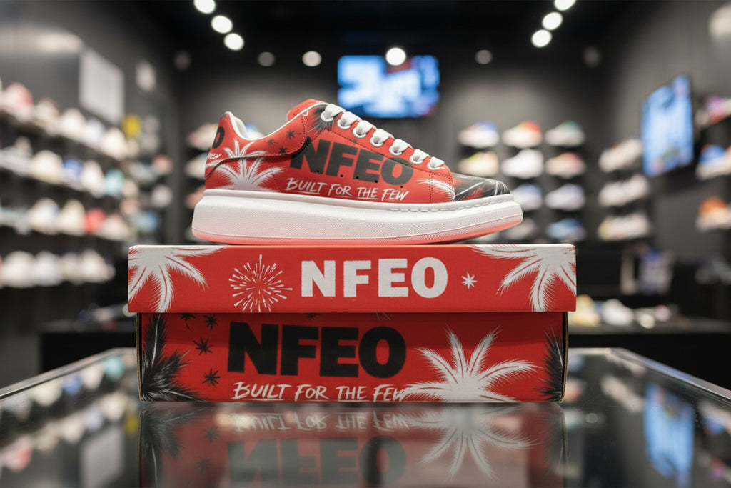 NFEO Crimson Signature Designer Sneaker, Built For The Few luxury streetwear. Red, black, and white custom footwear featuring iconic palm tree pattern, bold NFEO typography, and premium urban aesthetics. High-fashion limited edition luxury sneaker for men and women, perfect for urban style and sneaker collectors. Authentic designer streetwear brand aesthetic. Custom graphic palm design.