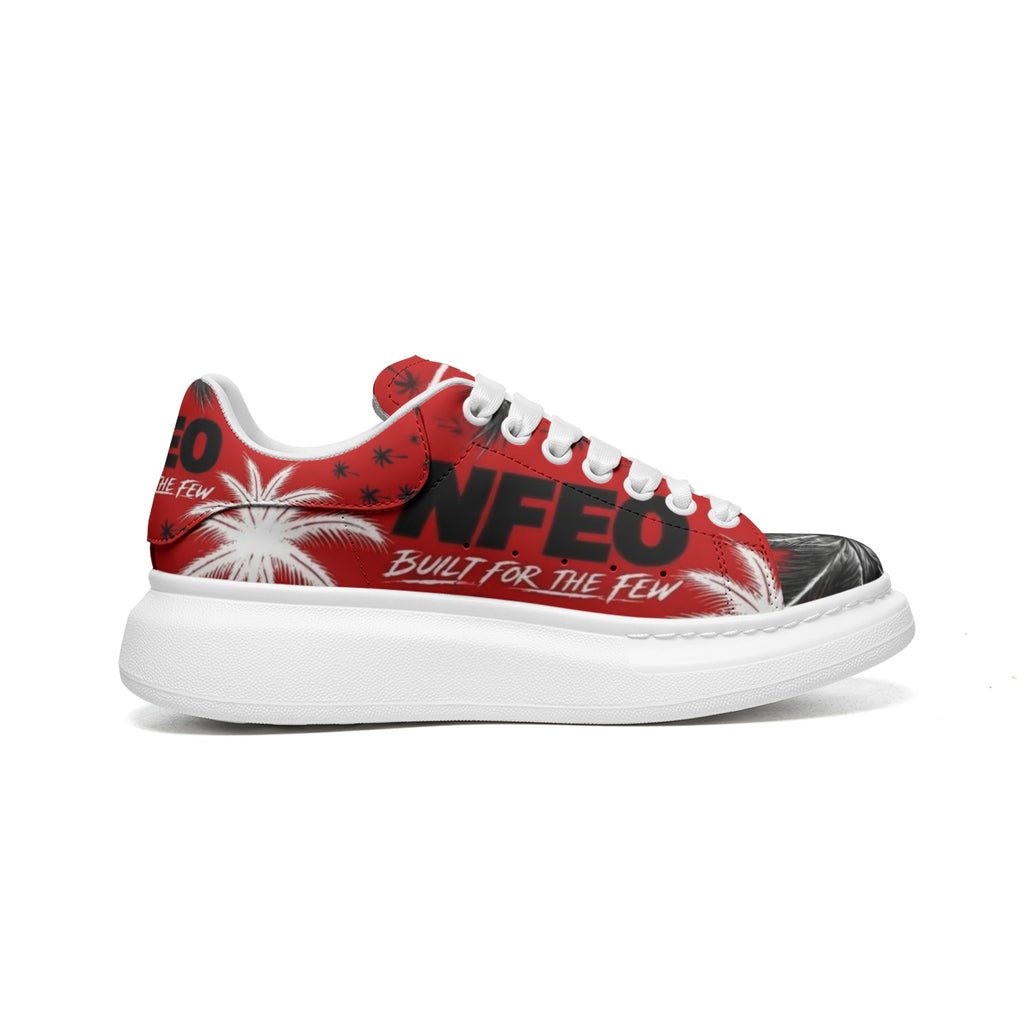 Side view: NFEO Crimson Signature Designer Sneaker, Built For The Few luxury streetwear. Red, black, and white custom footwear featuring iconic palm tree pattern, bold NFEO typography, and premium urban aesthetics. High-fashion limited edition luxury sneaker for men and women, perfect for urban style and sneaker collectors. Authentic designer streetwear brand aesthetic. Custom graphic palm design.