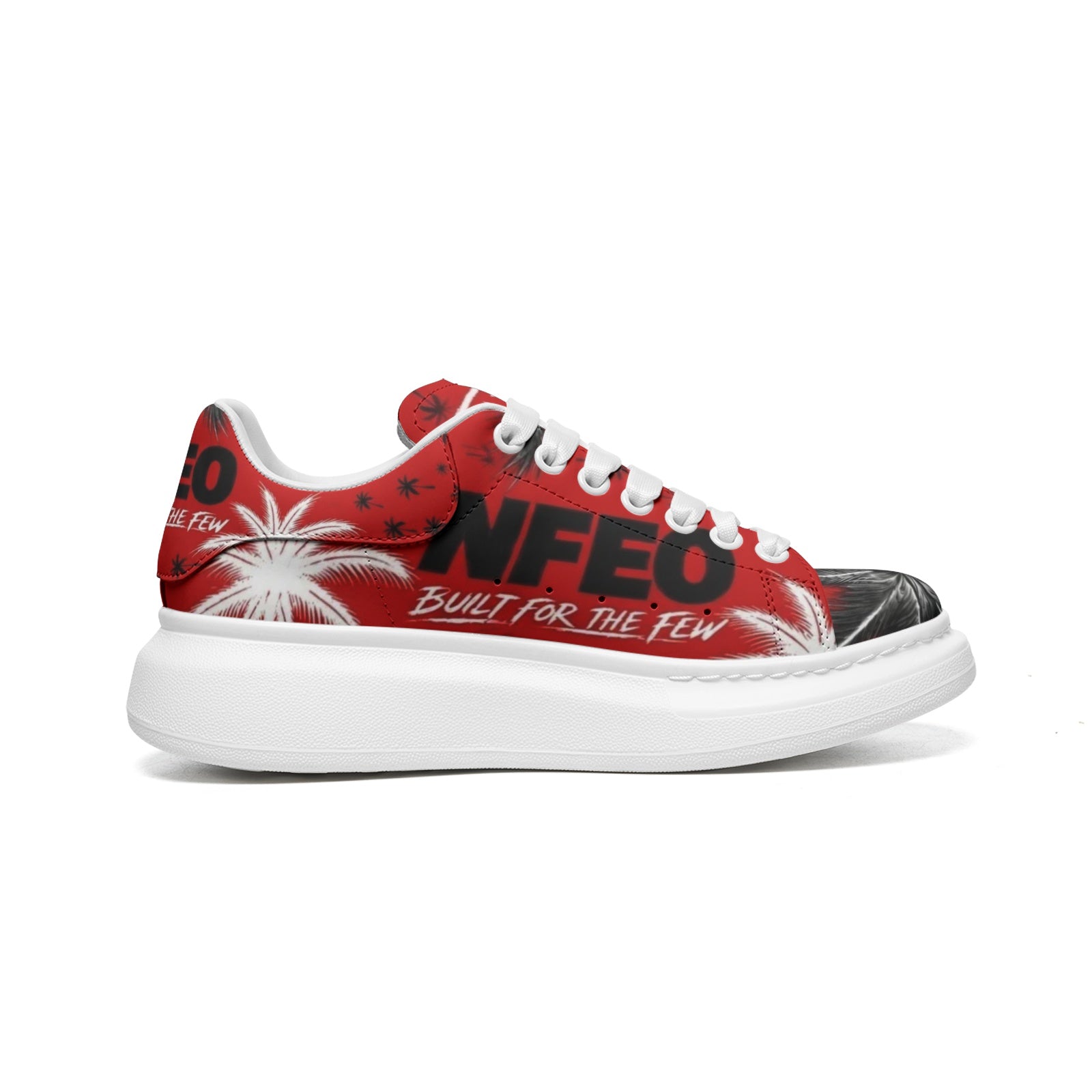 Side view: NFEO Crimson Signature Designer Sneaker, Built For The Few luxury streetwear. Red, black, and white custom footwear featuring iconic palm tree pattern, bold NFEO typography, and premium urban aesthetics. High-fashion limited edition luxury sneaker for men and women, perfect for urban style and sneaker collectors. Authentic designer streetwear brand aesthetic. Custom graphic palm design.