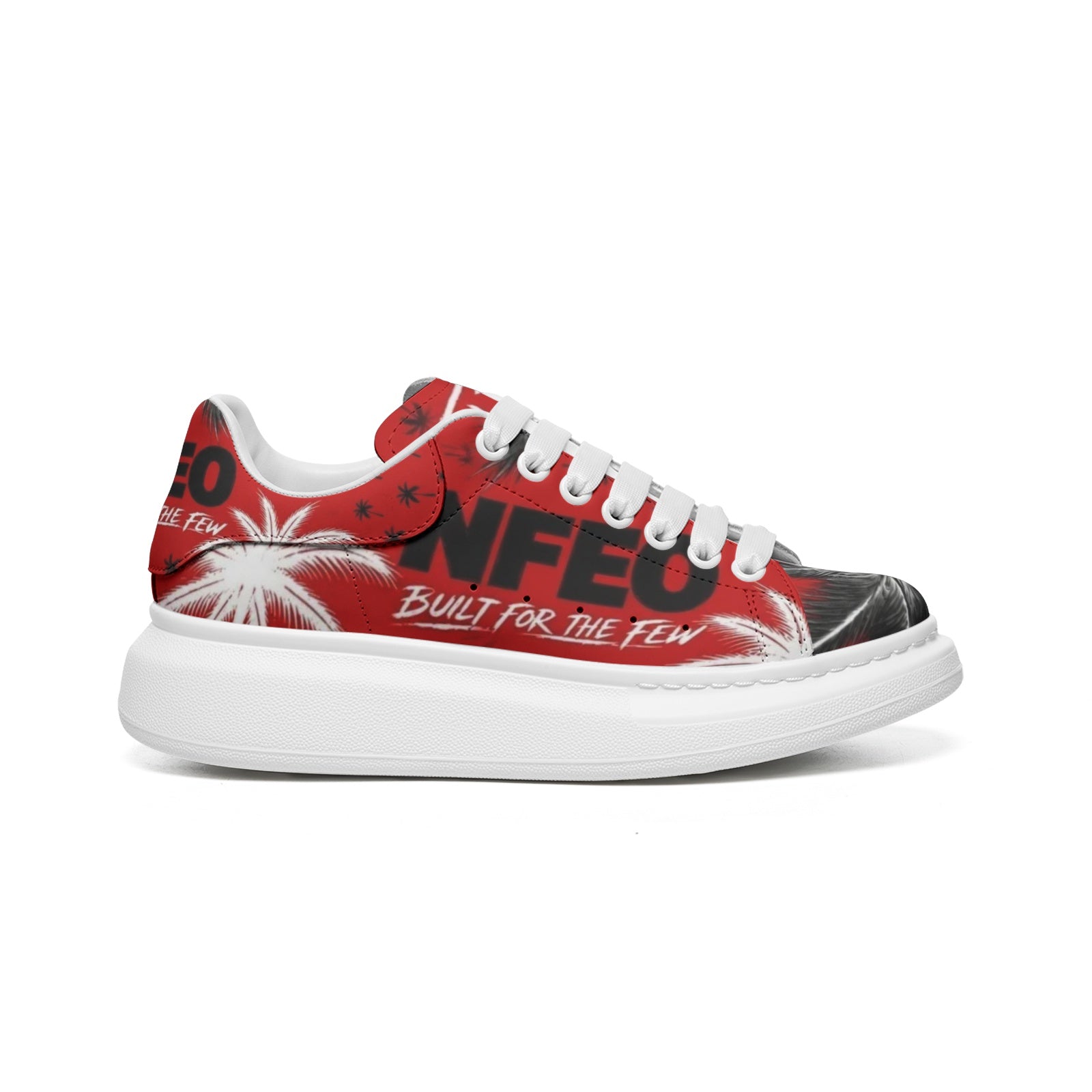NFEO Crimson Signature Designer Sneaker, Built For The Few luxury streetwear. Red, black, and white custom footwear featuring iconic palm tree pattern, bold NFEO typography, and premium urban aesthetics. High-fashion limited edition luxury sneaker for men and women, perfect for urban style and sneaker collectors. Authentic designer streetwear brand aesthetic. Custom graphic palm design.