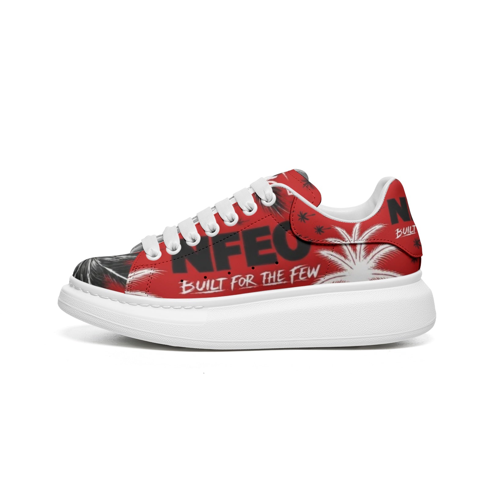 NFEO Crimson Signature Designer Sneaker, Built For The Few luxury streetwear. Red, black, and white custom footwear featuring iconic palm tree pattern, bold NFEO typography, and premium urban aesthetics. High-fashion limited edition luxury sneaker for men and women, perfect for urban style and sneaker collectors. Authentic designer streetwear brand aesthetic. Custom graphic palm design.