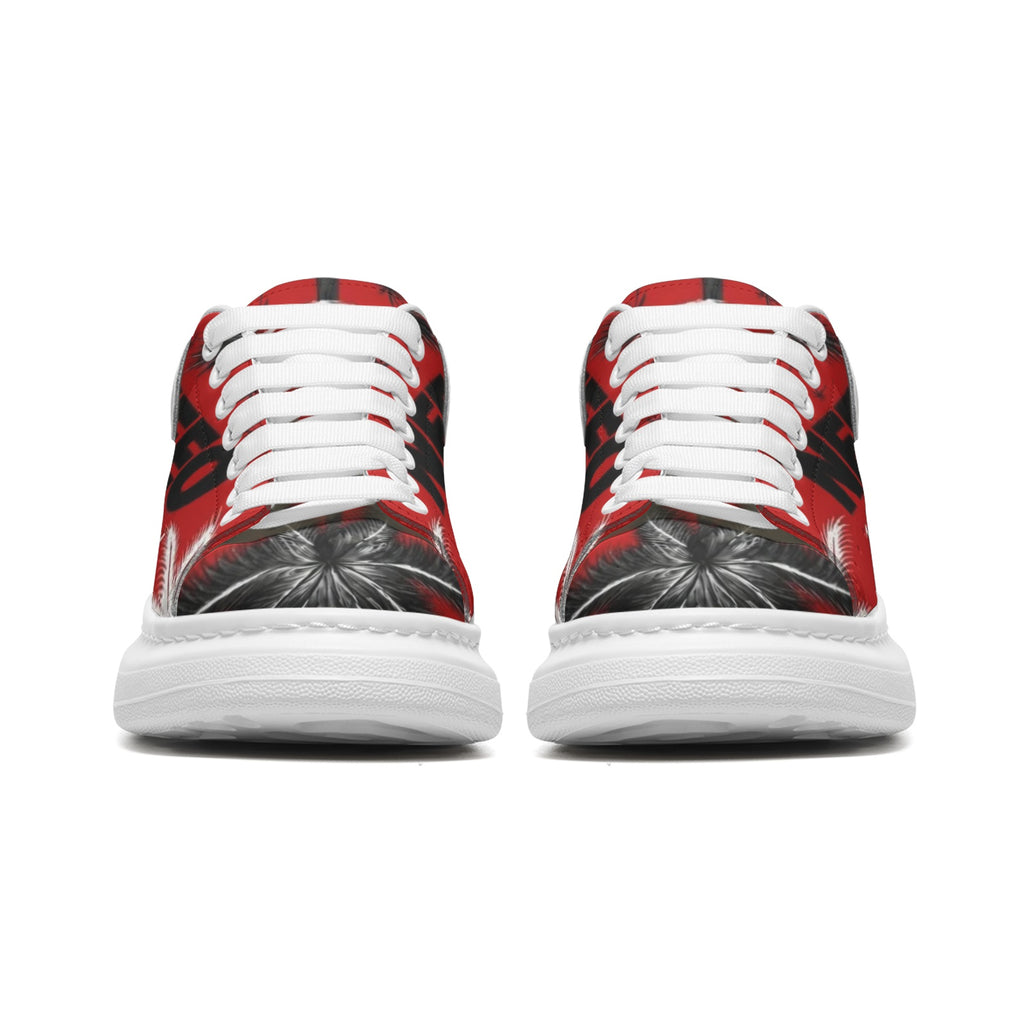 Front View: NFEO Crimson Signature Designer Sneaker, Built For The Few luxury streetwear. Red, black, and white custom footwear featuring iconic palm tree pattern, bold NFEO typography, and premium urban aesthetics. High-fashion limited edition luxury sneaker for men and women, perfect for urban style and sneaker collectors. Authentic designer streetwear brand aesthetic. Custom graphic palm design.