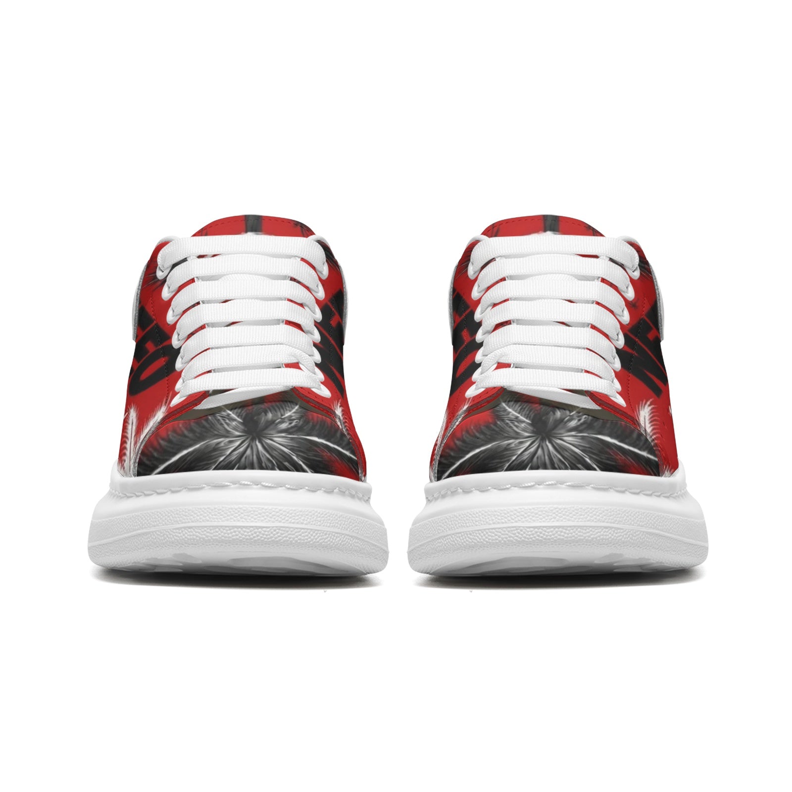 Front View: NFEO Crimson Signature Designer Sneaker, Built For The Few luxury streetwear. Red, black, and white custom footwear featuring iconic palm tree pattern, bold NFEO typography, and premium urban aesthetics. High-fashion limited edition luxury sneaker for men and women, perfect for urban style and sneaker collectors. Authentic designer streetwear brand aesthetic. Custom graphic palm design.