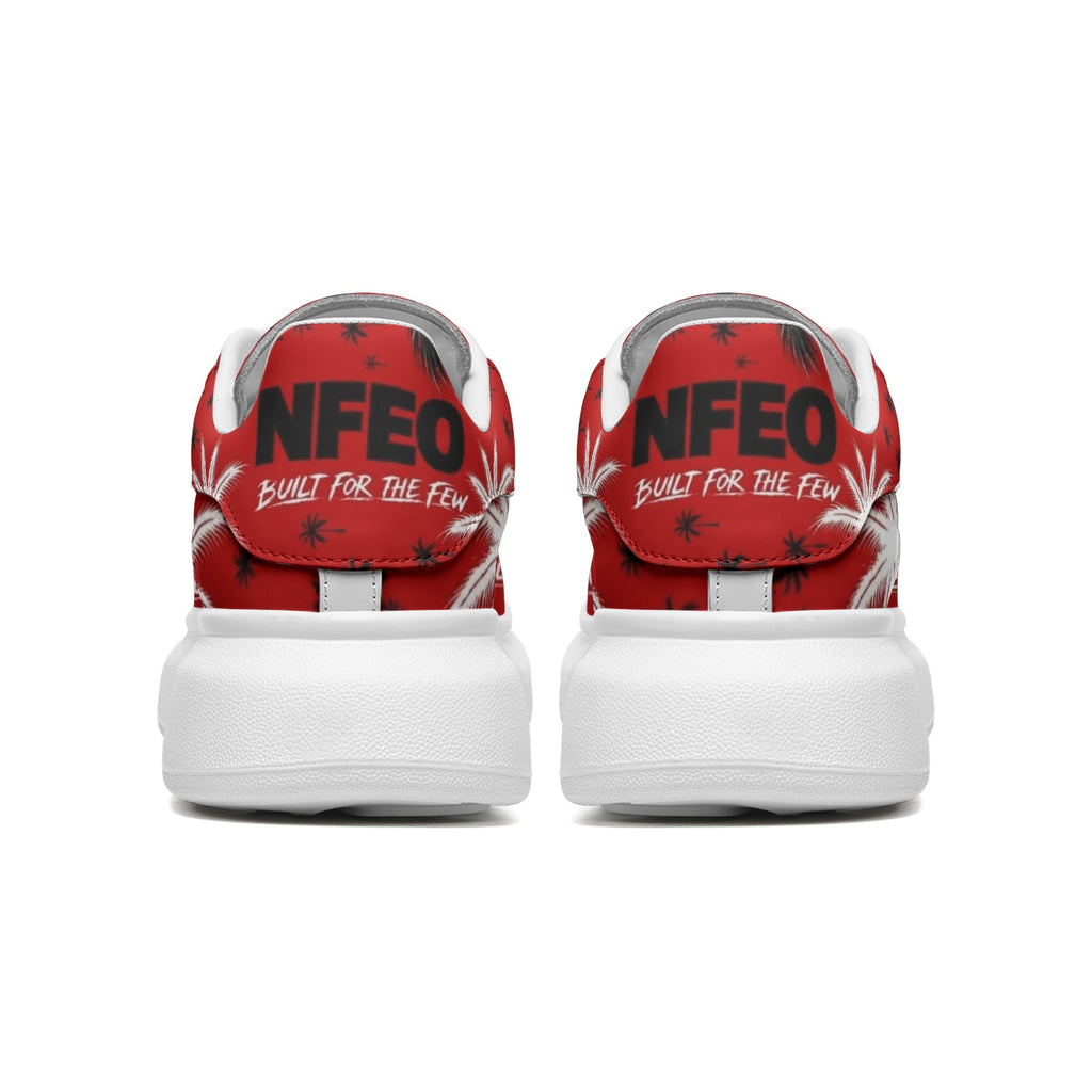 Back view: NFEO Crimson Signature Designer Sneaker, Built For The Few luxury streetwear. Red, black, and white custom footwear featuring iconic palm tree pattern, bold NFEO typography, and premium urban aesthetics. High-fashion limited edition luxury sneaker for men and women, perfect for urban style and sneaker collectors. Authentic designer streetwear brand aesthetic. Custom graphic palm design.