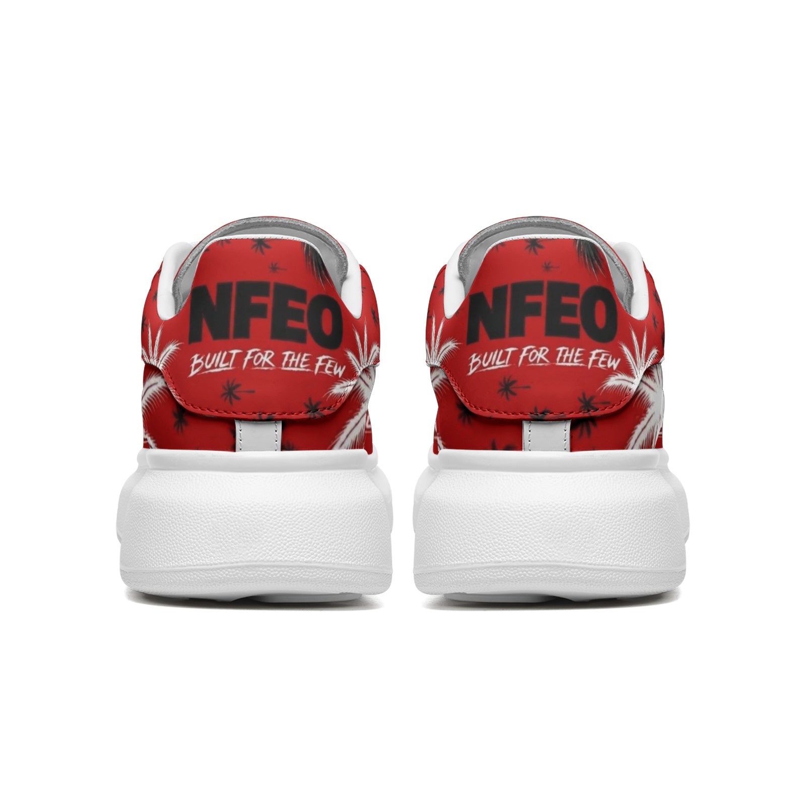 Back view: NFEO Crimson Signature Designer Sneaker, Built For The Few luxury streetwear. Red, black, and white custom footwear featuring iconic palm tree pattern, bold NFEO typography, and premium urban aesthetics. High-fashion limited edition luxury sneaker for men and women, perfect for urban style and sneaker collectors. Authentic designer streetwear brand aesthetic. Custom graphic palm design.